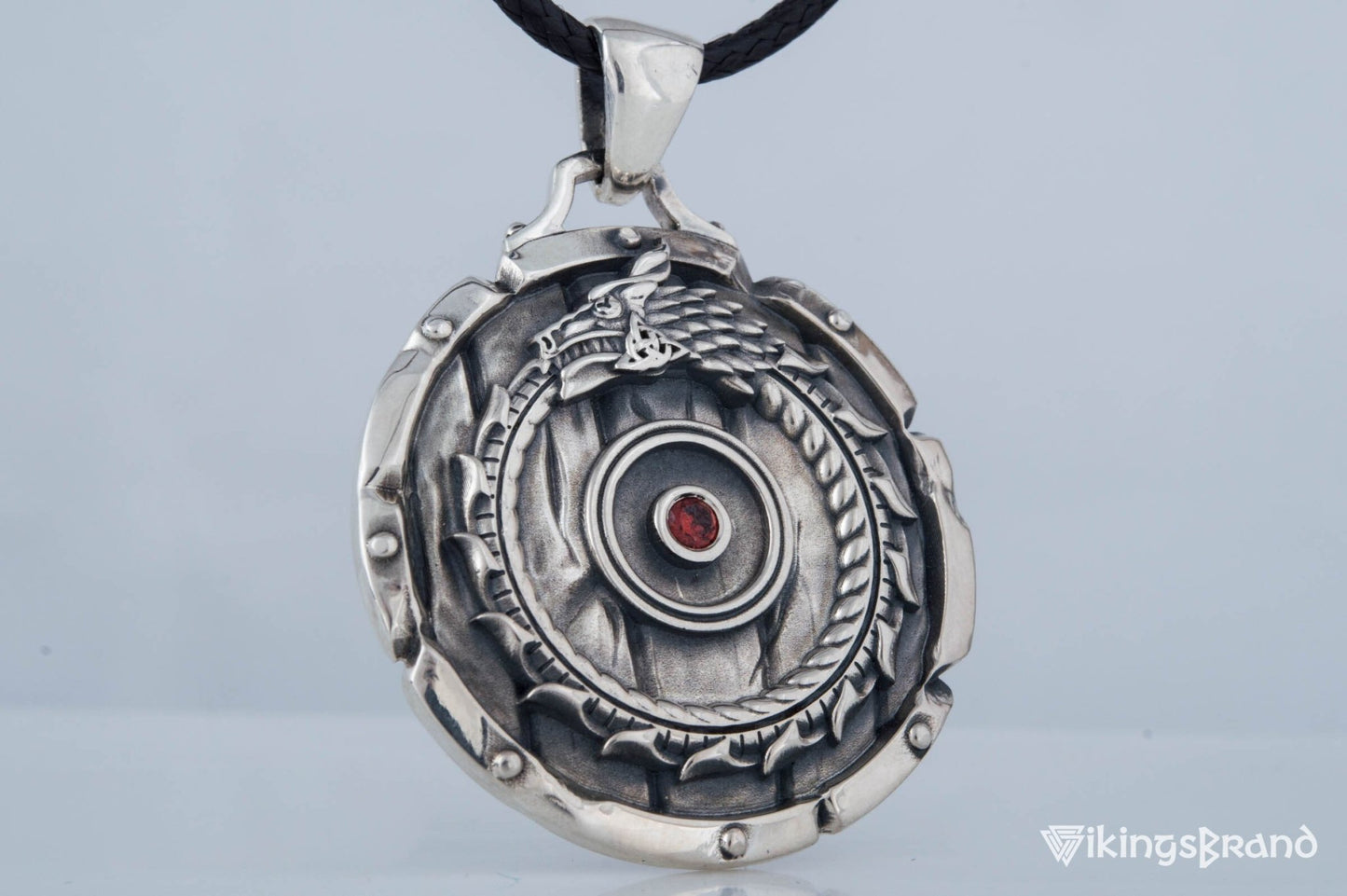 Shield with Vikings Ouroboros Symbol Pendant and Gem Sterling Silver Norse Jewelry