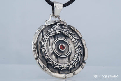 Shield with Vikings Ouroboros Symbol Pendant and Gem Sterling Silver Norse Jewelry