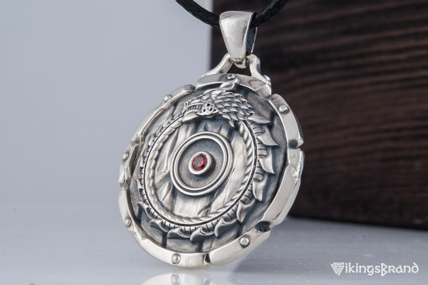 Shield with Vikings Ouroboros Symbol Pendant and Gem Sterling Silver Norse Jewelry