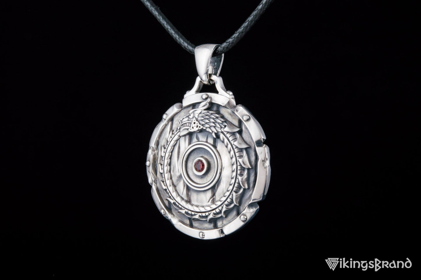Shield with Vikings Ouroboros Symbol Pendant and Gem Sterling Silver Norse Jewelry