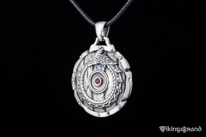 Shield with Vikings Ouroboros Symbol Pendant and Gem Sterling Silver Norse Jewelry