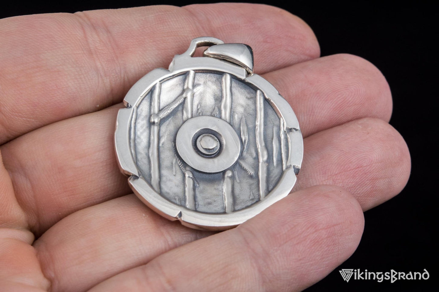 Shield with Vikings Ouroboros Symbol Pendant and Gem Sterling Silver Norse Jewelry
