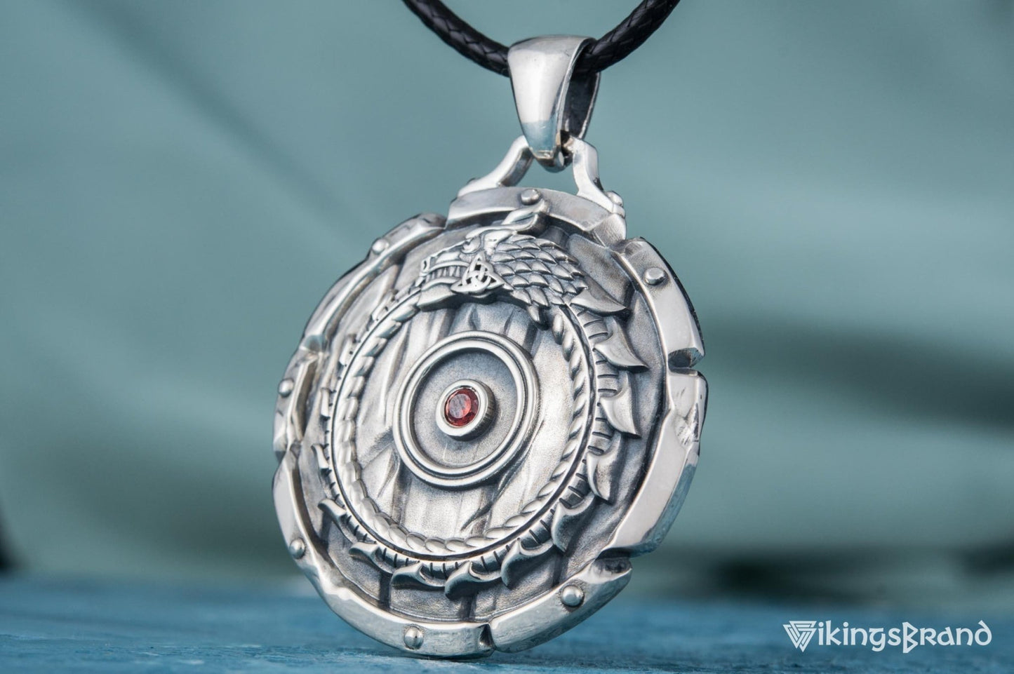 Shield with Vikings Ouroboros Symbol Pendant and Gem Sterling Silver Norse Jewelry