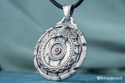 Shield with Vikings Ouroboros Symbol Pendant and Gem Sterling Silver Norse Jewelry