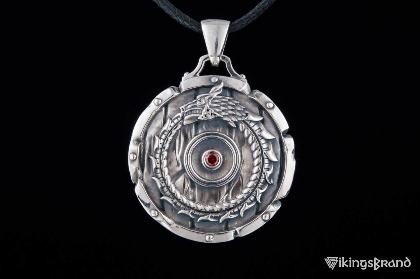 Shield with Vikings Ouroboros Symbol Pendant and Gem Sterling Silver Norse Jewelry