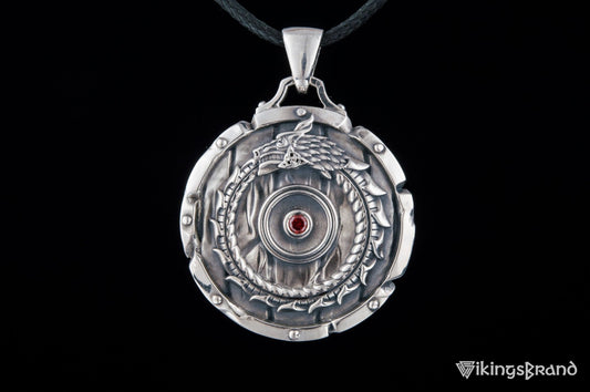 Shield with Vikings Ouroboros Symbol Pendant and Gem Sterling Silver Norse Jewelry