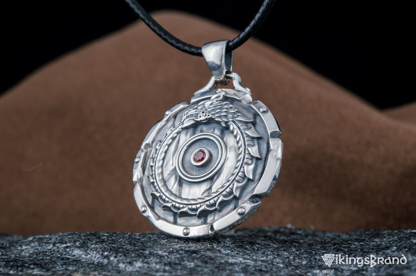 Shield with Vikings Ouroboros Symbol Pendant and Gem Sterling Silver Norse Jewelry
