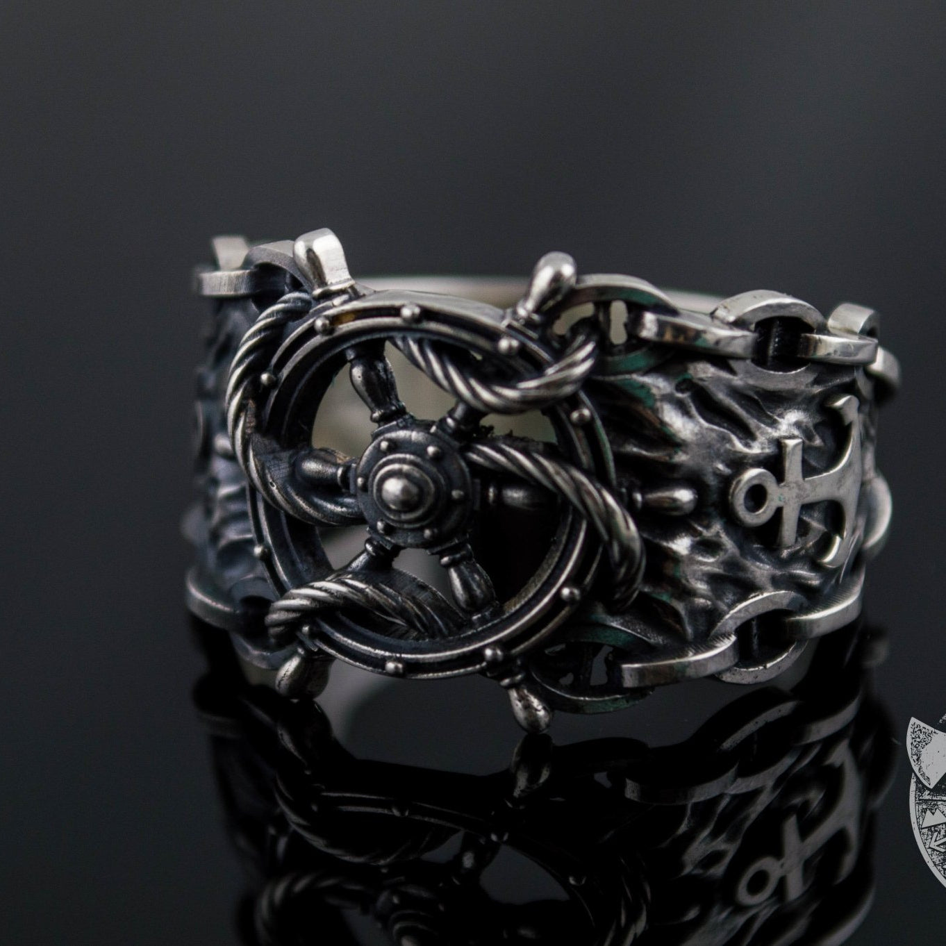Ship Steering Wheel Symbol 925 Sterling Silver Viking Ring - VikingsBrand