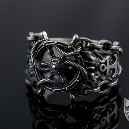 Ship Steering Wheel Symbol 925 Sterling Silver Viking Ring - VikingsBrand
