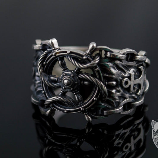 Ship Steering Wheel Symbol 925 Sterling Silver Viking Ring - VikingsBrand
