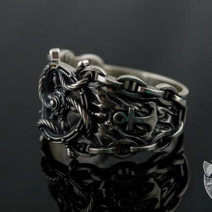 Ship Steering Wheel Symbol 925 Sterling Silver Viking Ring - VikingsBrand