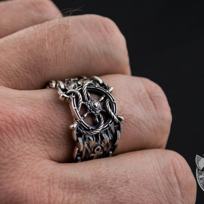 Ship Steering Wheel Symbol 925 Sterling Silver Viking Ring - VikingsBrand
