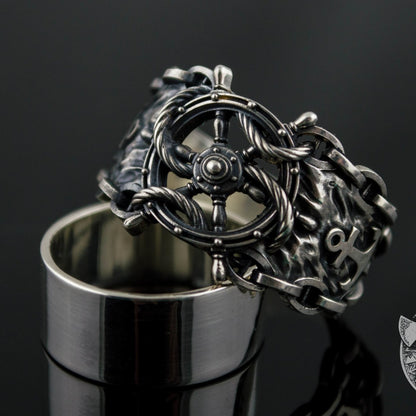 Ship Steering Wheel Symbol 925 Sterling Silver Viking Ring - VikingsBrand
