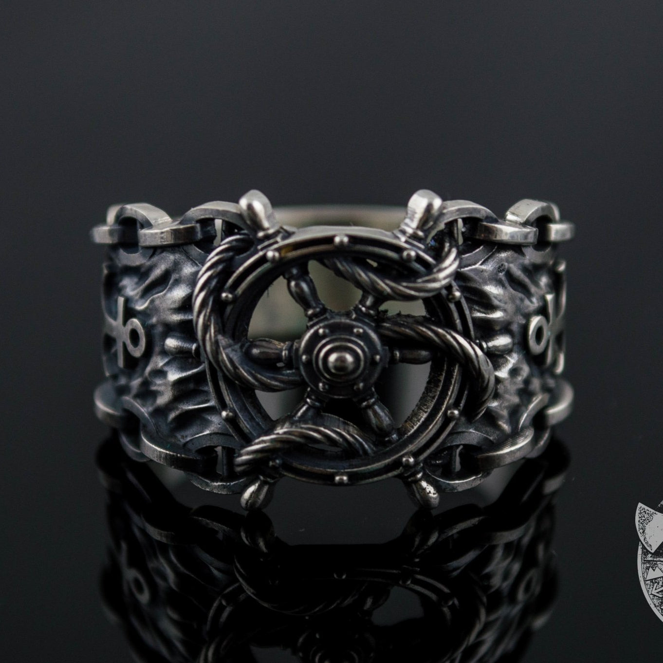 Ship Steering Wheel Symbol 925 Sterling Silver Viking Ring - VikingsBrand