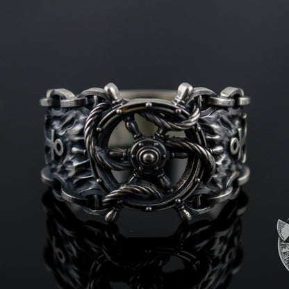 Ship Steering Wheel Symbol 925 Sterling Silver Viking Ring - VikingsBrand