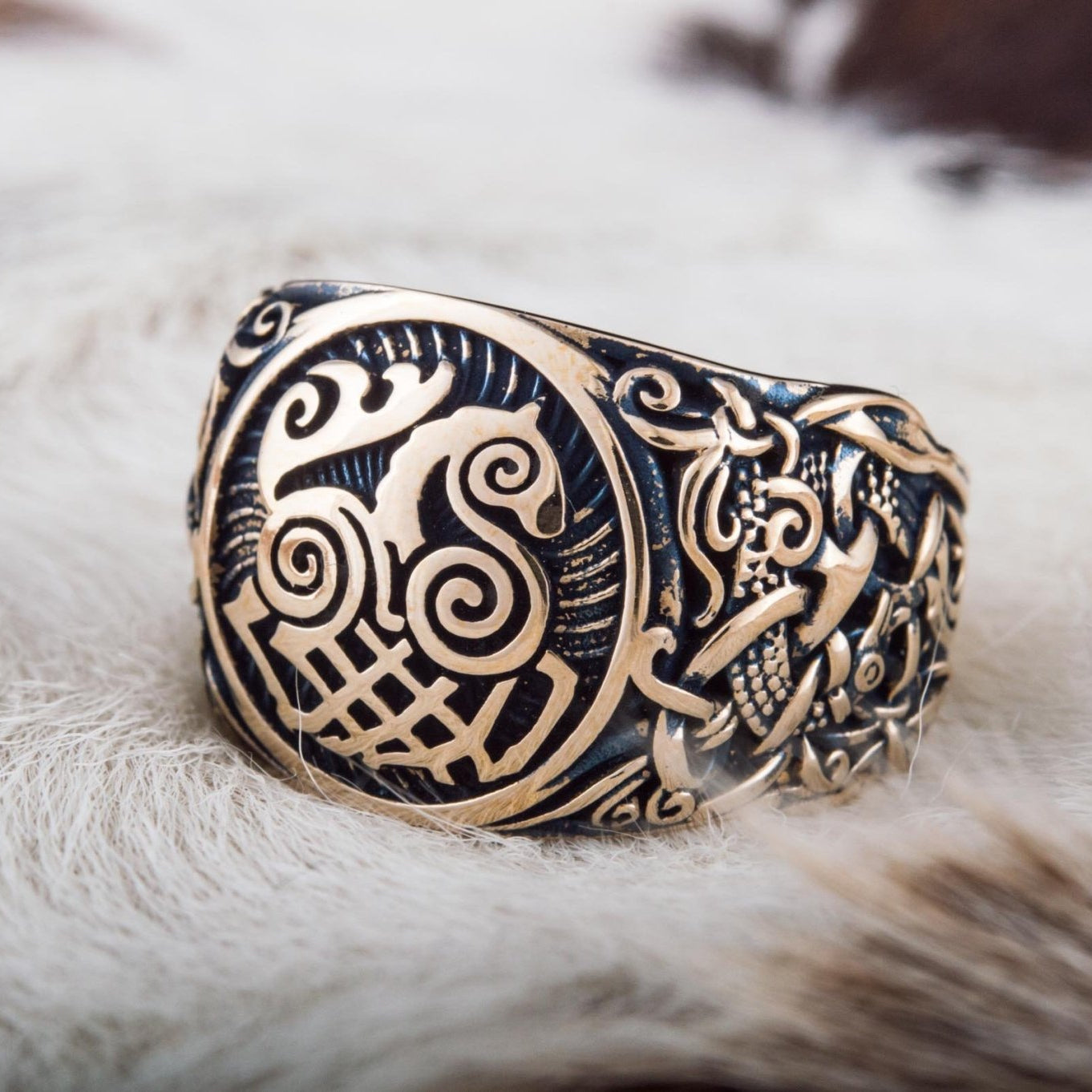 Sleipnir Ring with Mammen Ornament Handcrafted Bronze Viking Ring