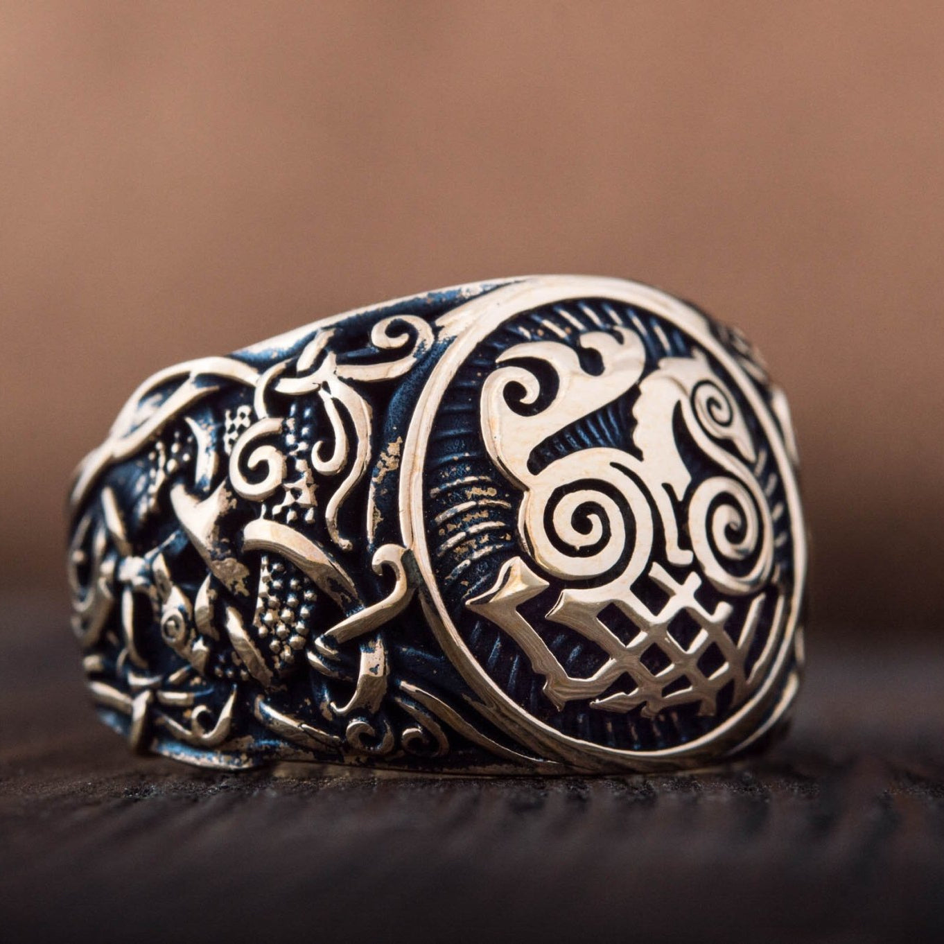 Sleipnir Ring with Mammen Ornament Handcrafted Bronze Viking Ring