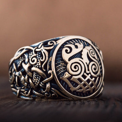 Sleipnir Ring with Mammen Ornament Handcrafted Bronze Viking Ring
