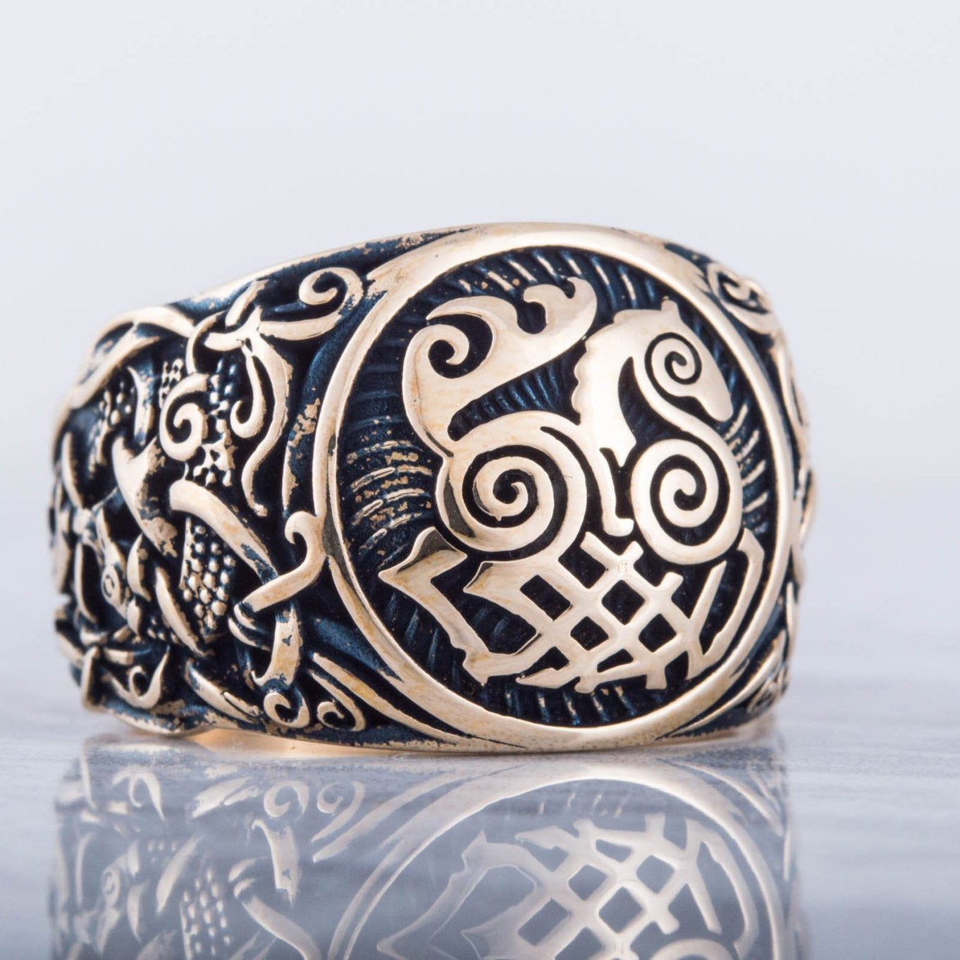 Sleipnir Ring with Mammen Ornament Handcrafted Bronze Viking Ring