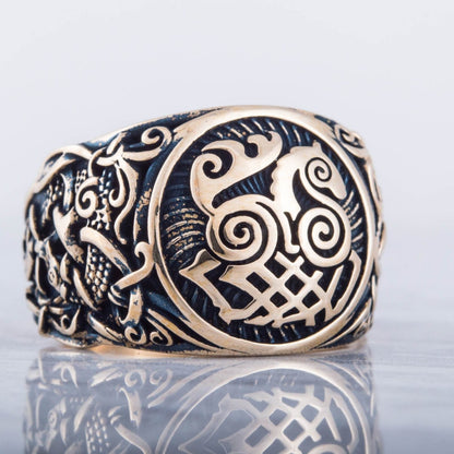 Sleipnir Ring with Mammen Ornament Handcrafted Bronze Viking Ring