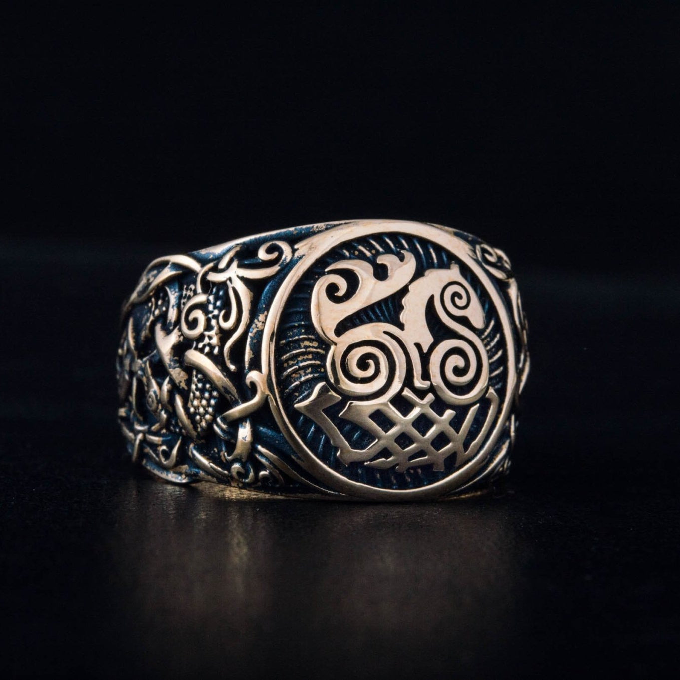 Sleipnir Ring with Mammen Ornament Handcrafted Bronze Viking Ring
