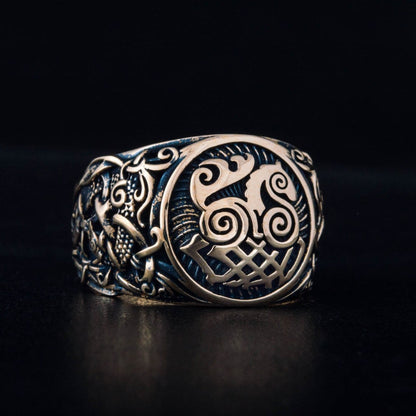 Sleipnir Ring with Mammen Ornament Handcrafted Bronze Viking Ring