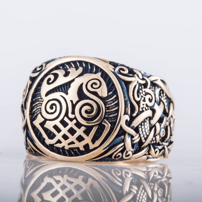 Sleipnir Ring with Mammen Ornament Handcrafted Bronze Viking Ring