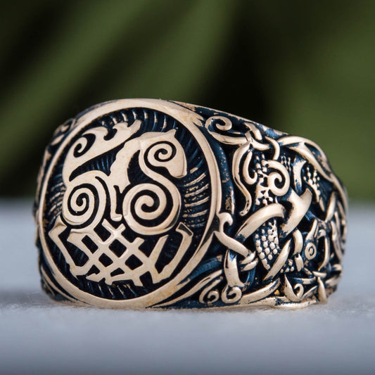 Sleipnir Ring with Mammen Ornament Handcrafted Bronze Viking Ring