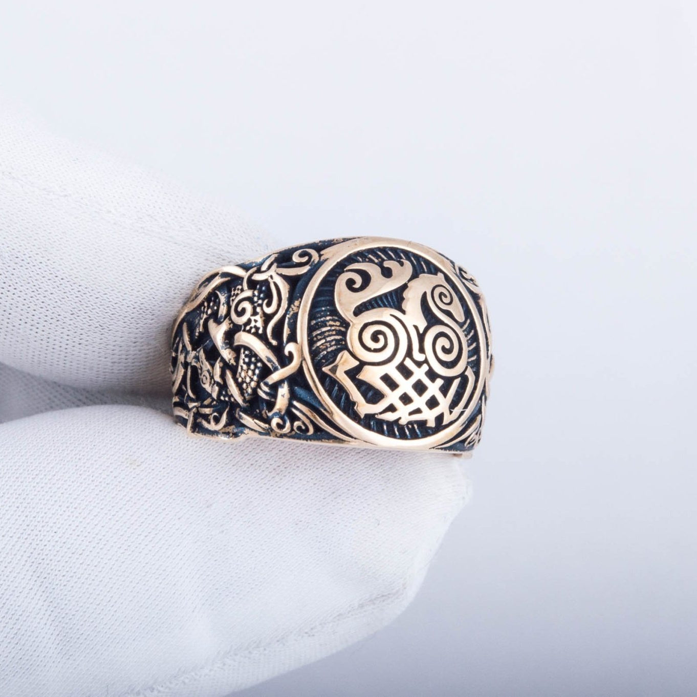Sleipnir Ring with Mammen Ornament Handcrafted Bronze Viking Ring