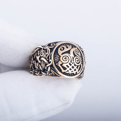 Sleipnir Ring with Mammen Ornament Handcrafted Bronze Viking Ring