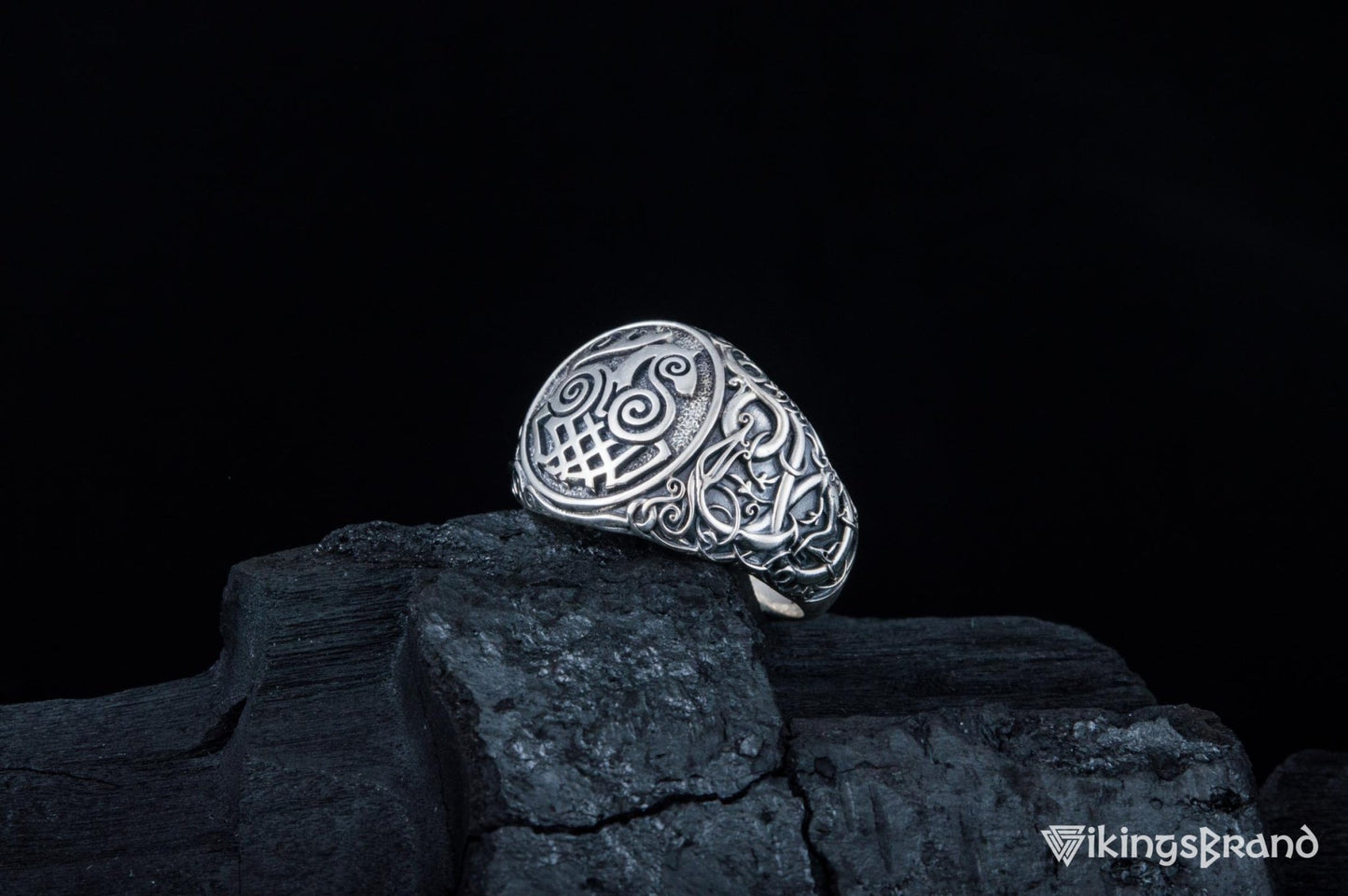 Sleipnir Viking Symbol Ring with Urnes Style Sterling Silver Viking Jewelry