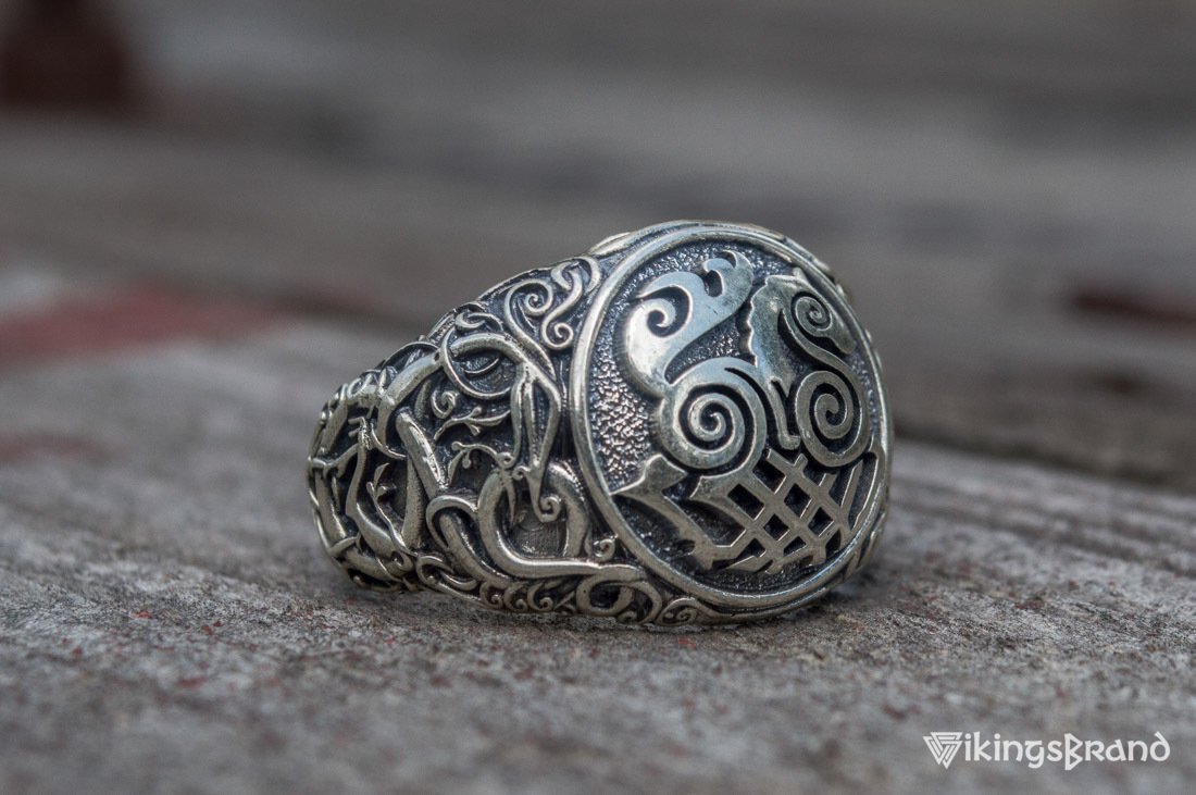 Sleipnir Viking Symbol Ring with Urnes Style Sterling Silver Viking Jewelry