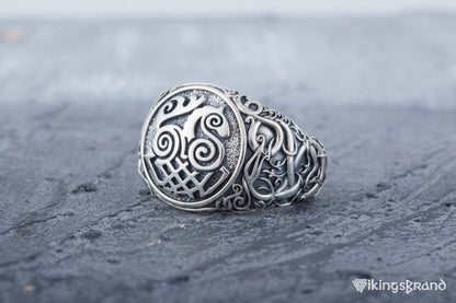 Sleipnir Viking Symbol Ring with Urnes Style Sterling Silver Viking Jewelry