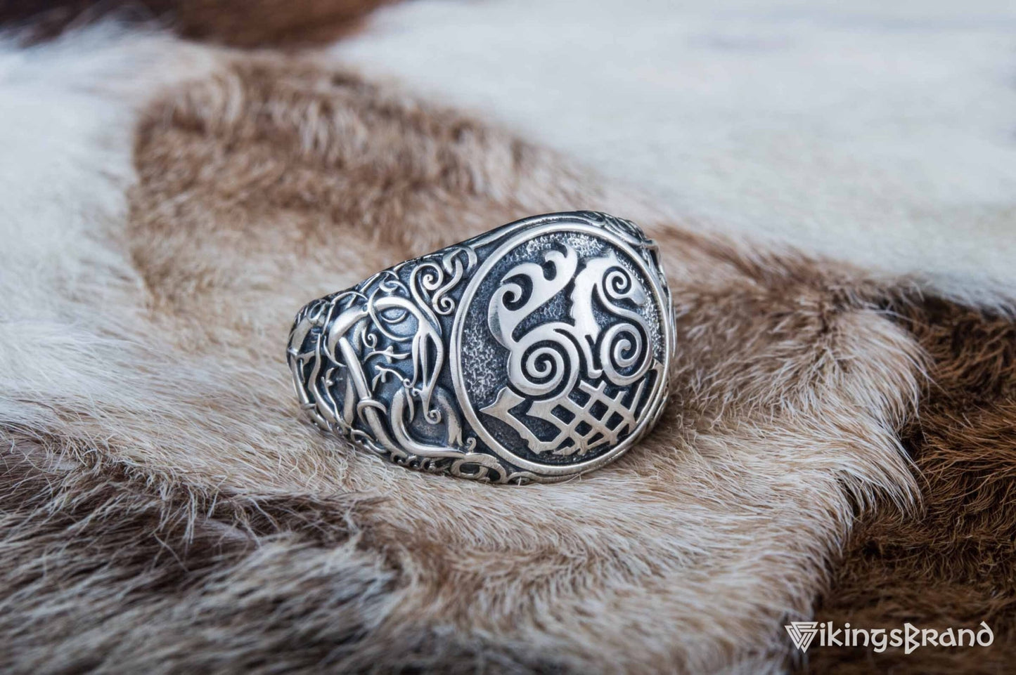 Sleipnir Viking Symbol Ring with Urnes Style Sterling Silver Viking Jewelry