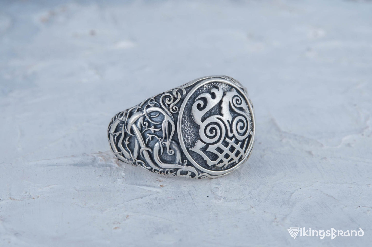 Sleipnir Viking Symbol Ring with Urnes Style Sterling Silver Viking Jewelry