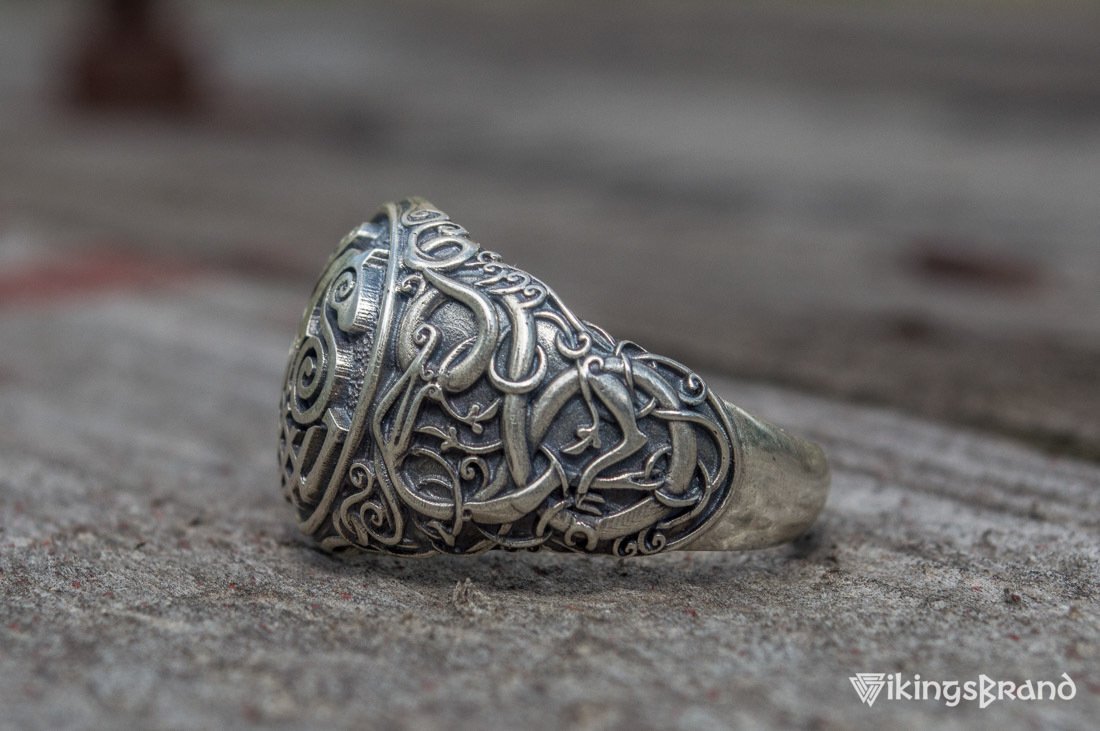 Sleipnir Viking Symbol Ring with Urnes Style Sterling Silver Viking Jewelry