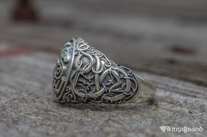 Sleipnir Viking Symbol Ring with Urnes Style Sterling Silver Viking Jewelry