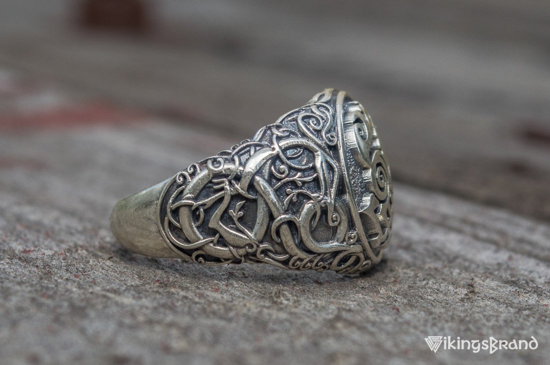 Sleipnir Viking Symbol Ring with Urnes Style Sterling Silver Viking Jewelry