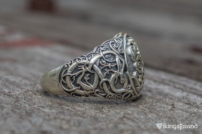 Sleipnir Viking Symbol Ring with Urnes Style Sterling Silver Viking Jewelry