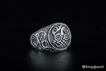 Sleipnir Viking Symbol Ring with Urnes Style Sterling Silver Viking Jewelry