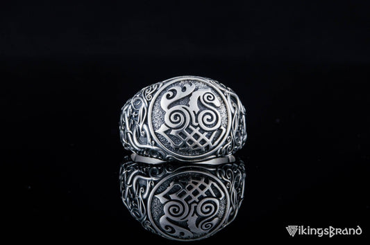 Sleipnir Viking Symbol Ring with Urnes Style Sterling Silver Viking Jewelry