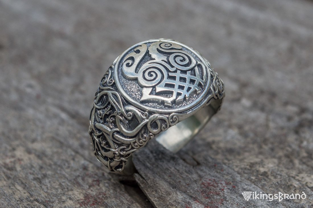 Sleipnir Viking Symbol Ring with Urnes Style Sterling Silver Viking Jewelry