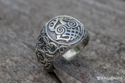 Sleipnir Viking Symbol Ring with Urnes Style Sterling Silver Viking Jewelry