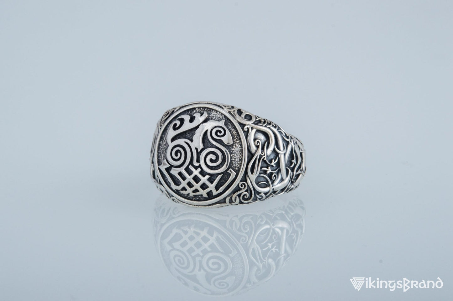Sleipnir Viking Symbol Ring with Urnes Style Sterling Silver Viking Jewelry