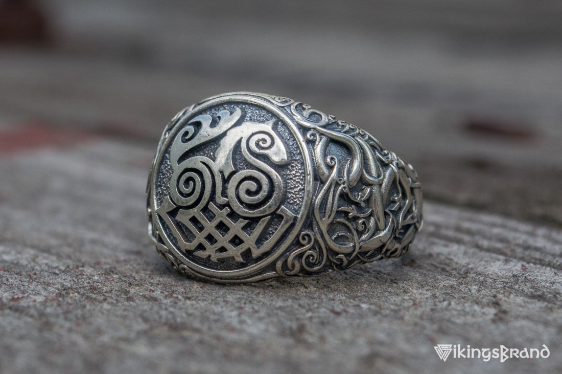 Sleipnir Viking Symbol Ring with Urnes Style Sterling Silver Viking Jewelry