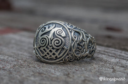 Sleipnir Viking Symbol Ring with Urnes Style Sterling Silver Viking Jewelry