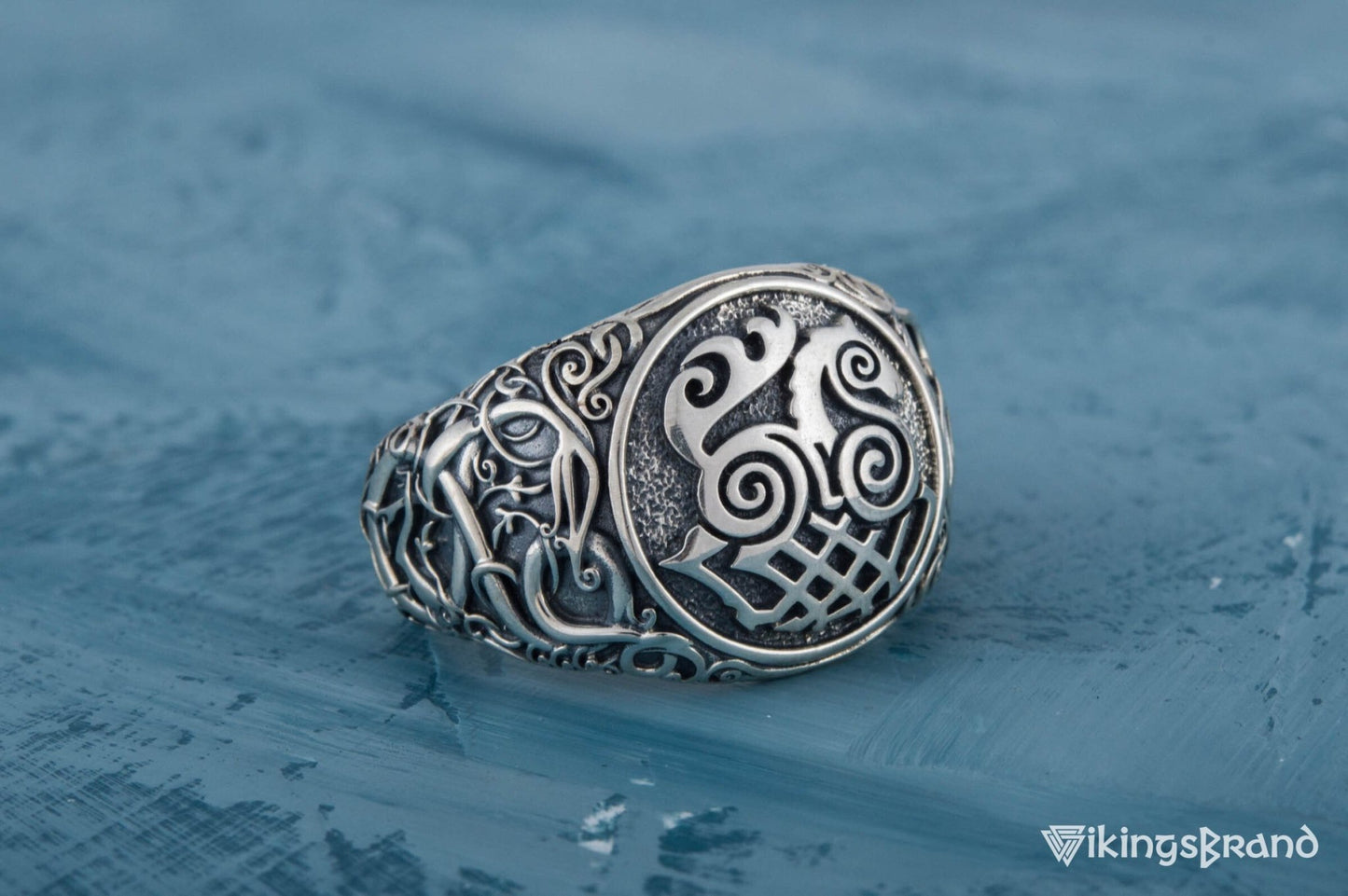 Sleipnir Viking Symbol Ring with Urnes Style Sterling Silver Viking Jewelry