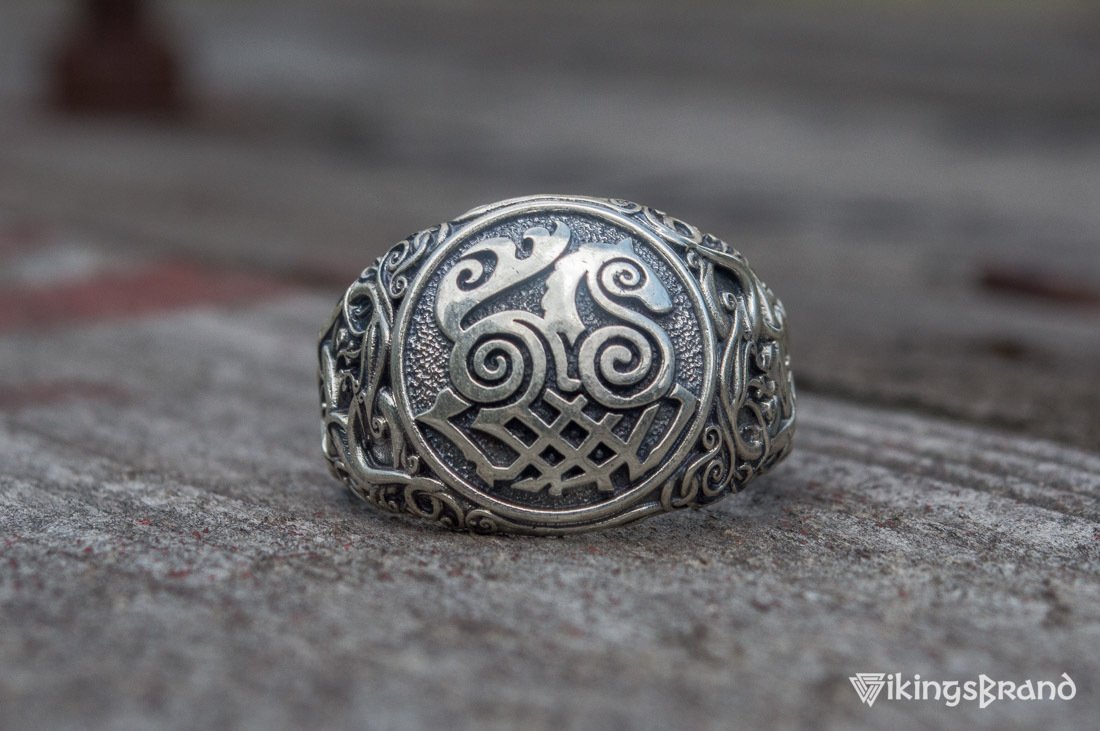 Sleipnir Viking Symbol Ring with Urnes Style Sterling Silver Viking Jewelry