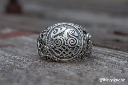 Sleipnir Viking Symbol Ring with Urnes Style Sterling Silver Viking Jewelry