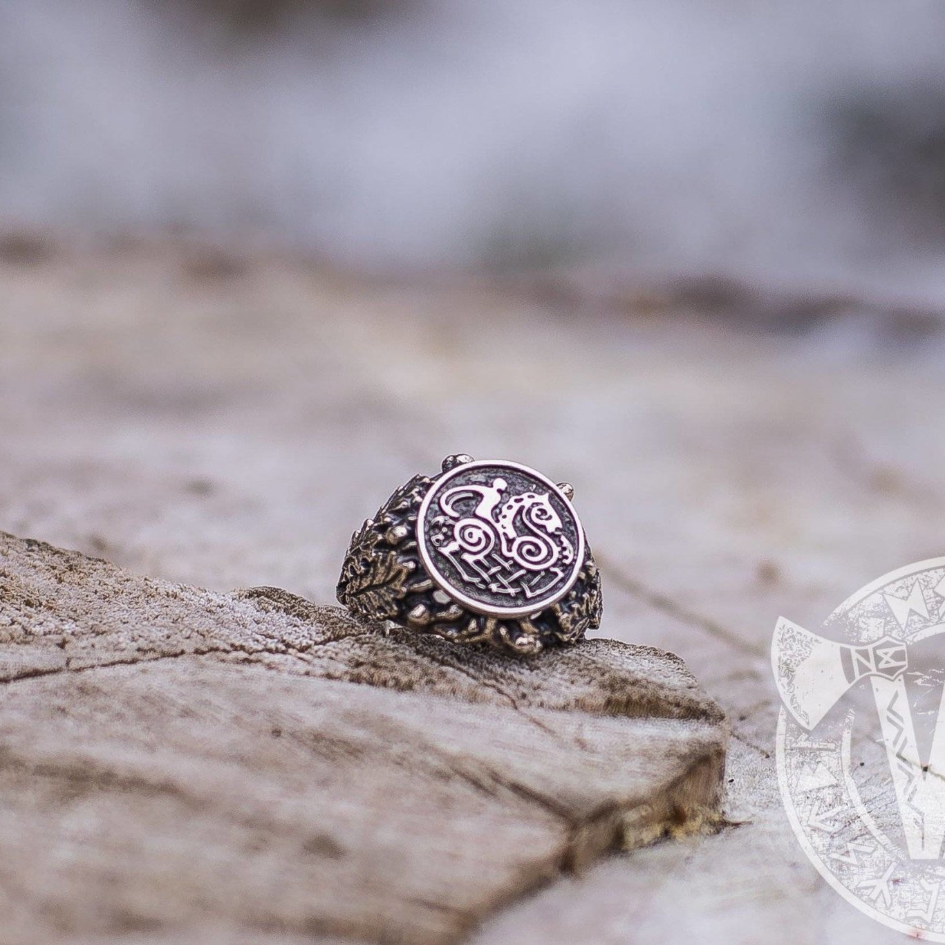 Sleipnir with Oak Leaves and Acorns Sterling Silver Viking Ring - VikingsBrand